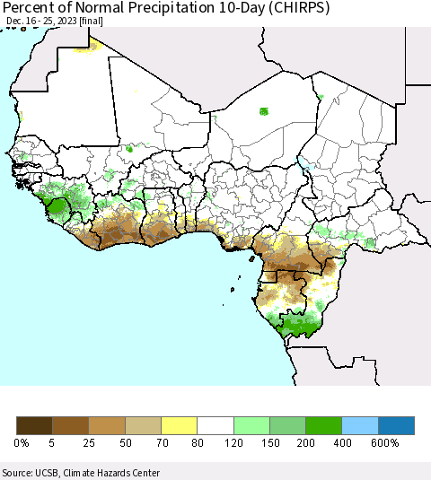 Western Africa Percent of Normal Precipitation 10-Day (CHIRPS) Thematic Map For 12/16/2023 - 12/25/2023