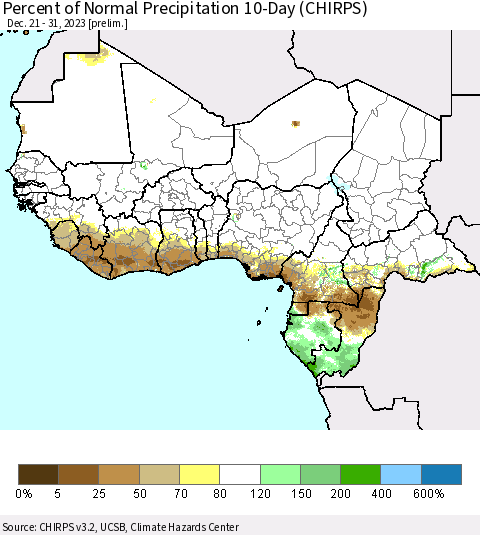 Western Africa Percent of Normal Precipitation 10-Day (CHIRPS) Thematic Map For 12/21/2023 - 12/31/2023