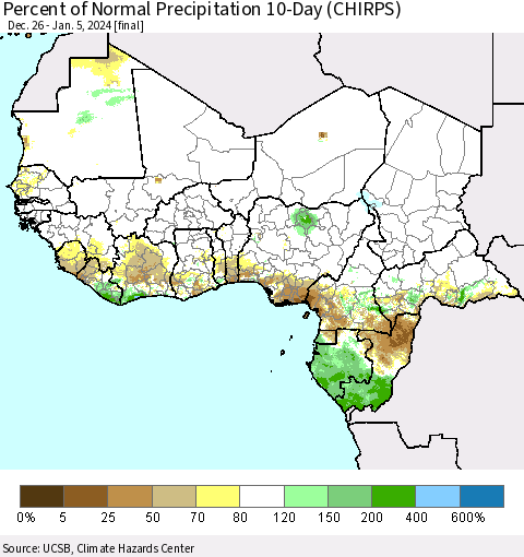 Western Africa Percent of Normal Precipitation 10-Day (CHIRPS) Thematic Map For 12/26/2023 - 1/5/2024