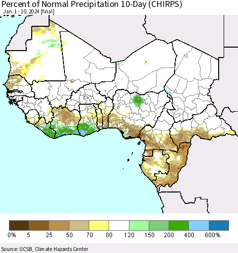 Western Africa Percent of Normal Precipitation 10-Day (CHIRPS) Thematic Map For 1/1/2024 - 1/10/2024