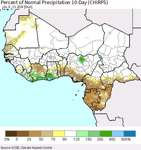 Western Africa Percent of Normal Precipitation 10-Day (CHIRPS) Thematic Map For 1/6/2024 - 1/15/2024