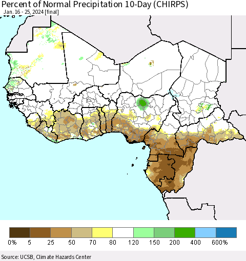 Western Africa Percent of Normal Precipitation 10-Day (CHIRPS) Thematic Map For 1/16/2024 - 1/25/2024