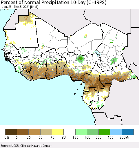 Western Africa Percent of Normal Precipitation 10-Day (CHIRPS) Thematic Map For 1/26/2024 - 2/5/2024