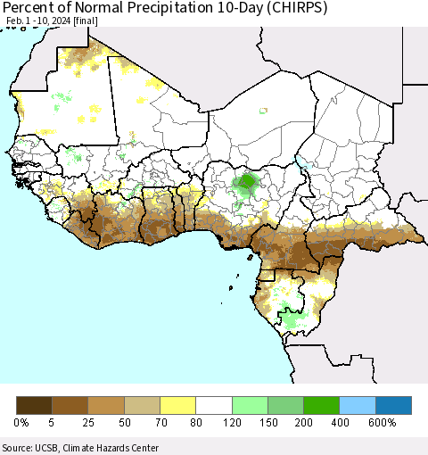 Western Africa Percent of Normal Precipitation 10-Day (CHIRPS) Thematic Map For 2/1/2024 - 2/10/2024
