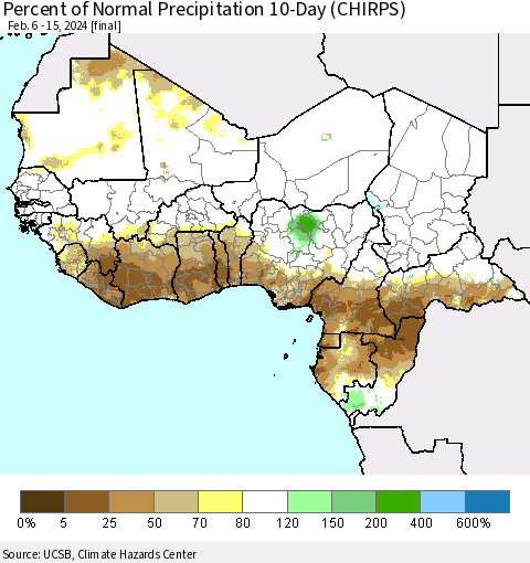 Western Africa Percent of Normal Precipitation 10-Day (CHIRPS) Thematic Map For 2/6/2024 - 2/15/2024