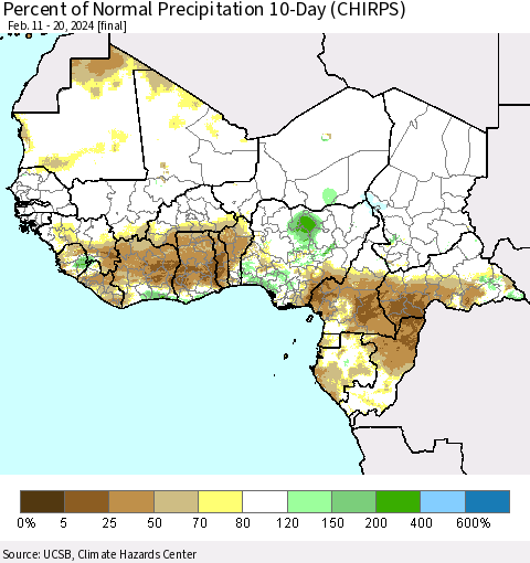 Western Africa Percent of Normal Precipitation 10-Day (CHIRPS) Thematic Map For 2/11/2024 - 2/20/2024