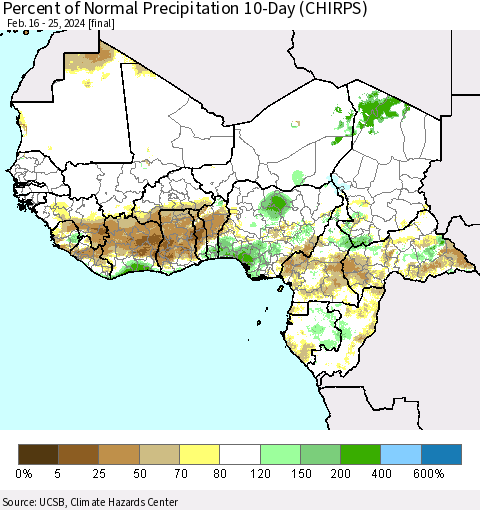 Western Africa Percent of Normal Precipitation 10-Day (CHIRPS) Thematic Map For 2/16/2024 - 2/25/2024