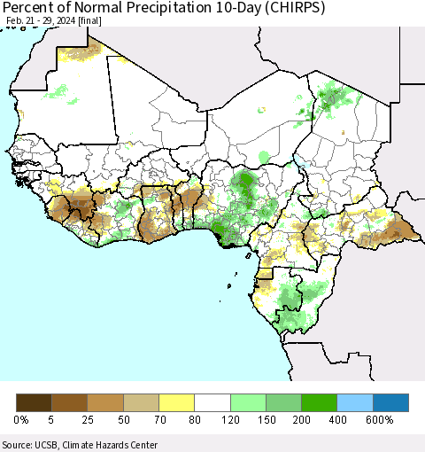 Western Africa Percent of Normal Precipitation 10-Day (CHIRPS) Thematic Map For 2/21/2024 - 2/29/2024