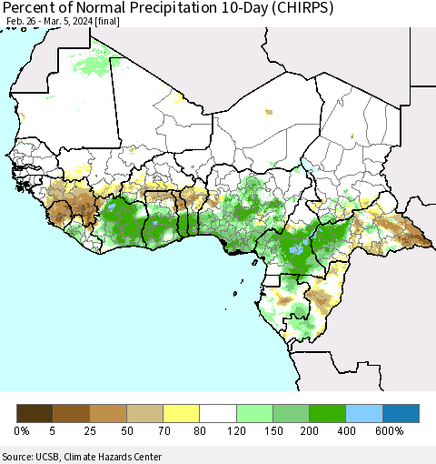 Western Africa Percent of Normal Precipitation 10-Day (CHIRPS) Thematic Map For 2/26/2024 - 3/5/2024