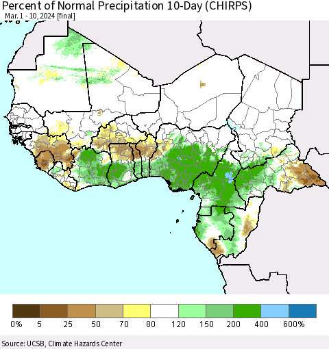 Western Africa Percent of Normal Precipitation 10-Day (CHIRPS) Thematic Map For 3/1/2024 - 3/10/2024
