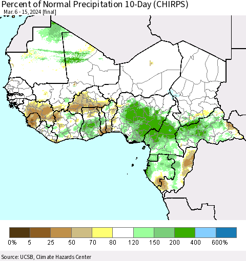 Western Africa Percent of Normal Precipitation 10-Day (CHIRPS) Thematic Map For 3/6/2024 - 3/15/2024