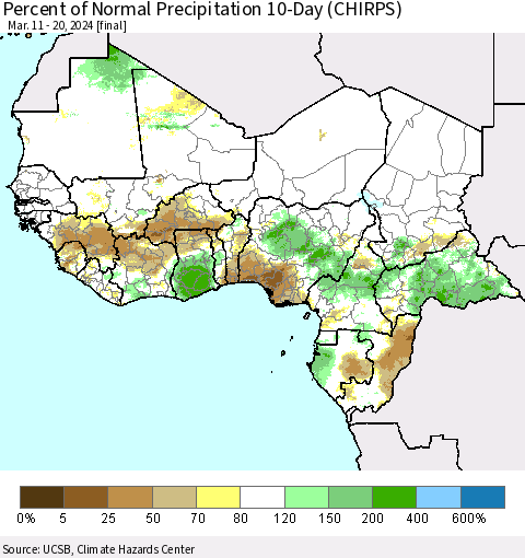 Western Africa Percent of Normal Precipitation 10-Day (CHIRPS) Thematic Map For 3/11/2024 - 3/20/2024