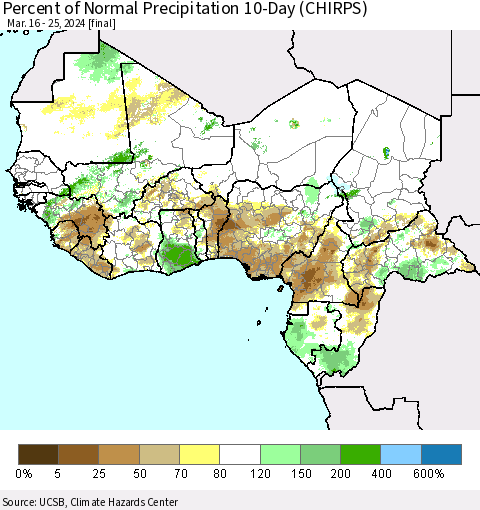 Western Africa Percent of Normal Precipitation 10-Day (CHIRPS) Thematic Map For 3/16/2024 - 3/25/2024