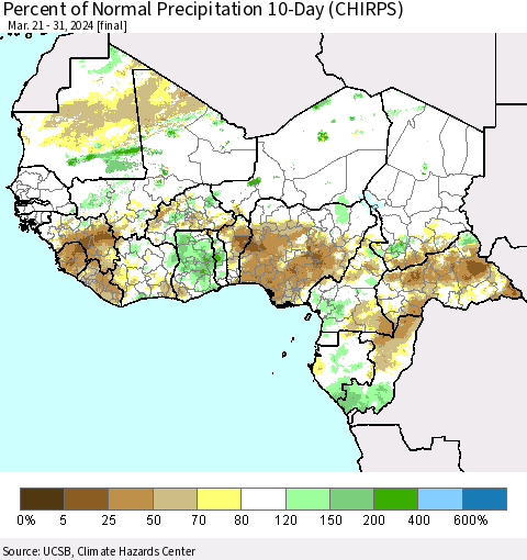 Western Africa Percent of Normal Precipitation 10-Day (CHIRPS) Thematic Map For 3/21/2024 - 3/31/2024