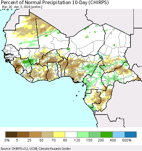 Western Africa Percent of Normal Precipitation 10-Day (CHIRPS) Thematic Map For 3/26/2024 - 4/5/2024