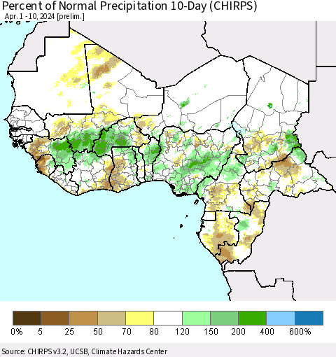 Western Africa Percent of Normal Precipitation 10-Day (CHIRPS) Thematic Map For 4/1/2024 - 4/10/2024