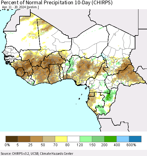 Western Africa Percent of Normal Precipitation 10-Day (CHIRPS) Thematic Map For 4/11/2024 - 4/20/2024
