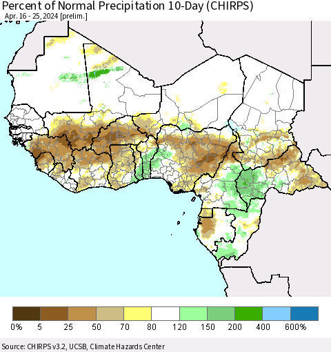 Western Africa Percent of Normal Precipitation 10-Day (CHIRPS) Thematic Map For 4/16/2024 - 4/25/2024