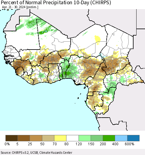 Western Africa Percent of Normal Precipitation 10-Day (CHIRPS) Thematic Map For 4/21/2024 - 4/30/2024