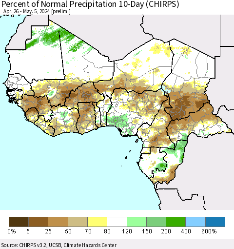 Western Africa Percent of Normal Precipitation 10-Day (CHIRPS) Thematic Map For 4/26/2024 - 5/5/2024