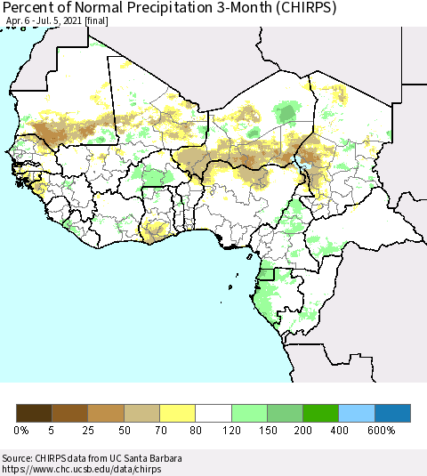 Western Africa Percent of Normal Precipitation 3-Month (CHIRPS) Thematic Map For 4/6/2021 - 7/5/2021