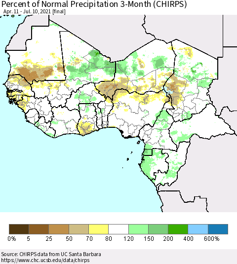 Western Africa Percent of Normal Precipitation 3-Month (CHIRPS) Thematic Map For 4/11/2021 - 7/10/2021