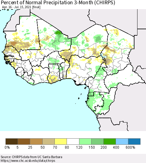 Western Africa Percent of Normal Precipitation 3-Month (CHIRPS) Thematic Map For 4/16/2021 - 7/15/2021