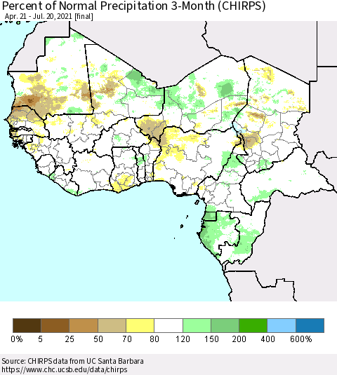Western Africa Percent of Normal Precipitation 3-Month (CHIRPS) Thematic Map For 4/21/2021 - 7/20/2021