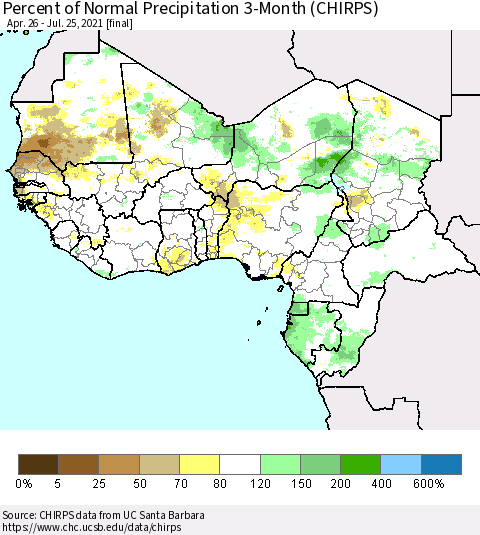 Western Africa Percent of Normal Precipitation 3-Month (CHIRPS) Thematic Map For 4/26/2021 - 7/25/2021