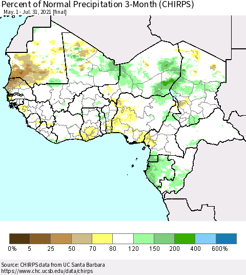 Western Africa Percent of Normal Precipitation 3-Month (CHIRPS) Thematic Map For 5/1/2021 - 7/31/2021