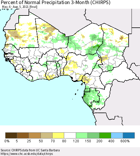 Western Africa Percent of Normal Precipitation 3-Month (CHIRPS) Thematic Map For 5/6/2021 - 8/5/2021