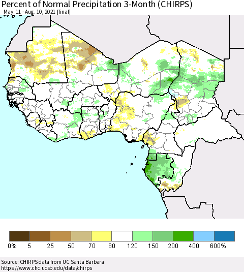 Western Africa Percent of Normal Precipitation 3-Month (CHIRPS) Thematic Map For 5/11/2021 - 8/10/2021
