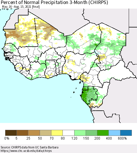 Western Africa Percent of Normal Precipitation 3-Month (CHIRPS) Thematic Map For 5/16/2021 - 8/15/2021