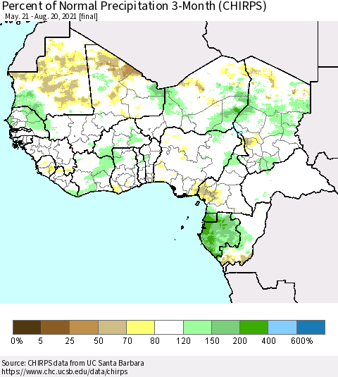 Western Africa Percent of Normal Precipitation 3-Month (CHIRPS) Thematic Map For 5/21/2021 - 8/20/2021