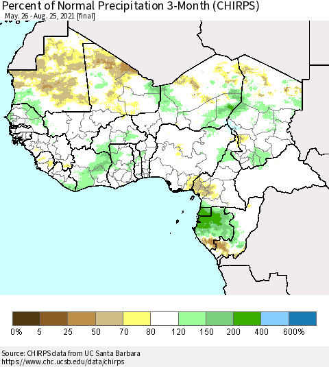 Western Africa Percent of Normal Precipitation 3-Month (CHIRPS) Thematic Map For 5/26/2021 - 8/25/2021