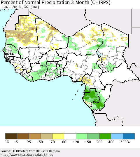 Western Africa Percent of Normal Precipitation 3-Month (CHIRPS) Thematic Map For 6/1/2021 - 8/31/2021