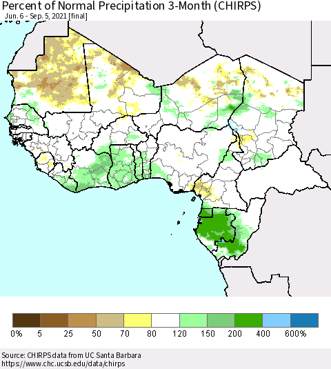 Western Africa Percent of Normal Precipitation 3-Month (CHIRPS) Thematic Map For 6/6/2021 - 9/5/2021