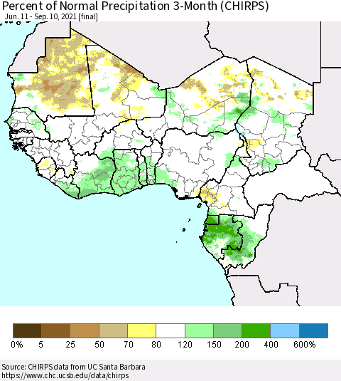 Western Africa Percent of Normal Precipitation 3-Month (CHIRPS) Thematic Map For 6/11/2021 - 9/10/2021