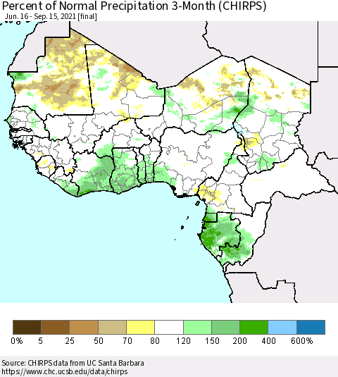 Western Africa Percent of Normal Precipitation 3-Month (CHIRPS) Thematic Map For 6/16/2021 - 9/15/2021