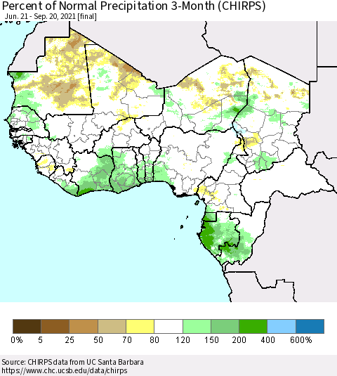 Western Africa Percent of Normal Precipitation 3-Month (CHIRPS) Thematic Map For 6/21/2021 - 9/20/2021