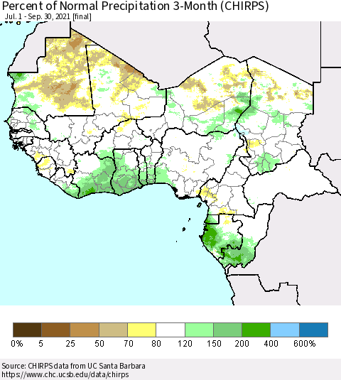 Western Africa Percent of Normal Precipitation 3-Month (CHIRPS) Thematic Map For 7/1/2021 - 9/30/2021