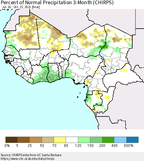 Western Africa Percent of Normal Precipitation 3-Month (CHIRPS) Thematic Map For 7/16/2021 - 10/15/2021