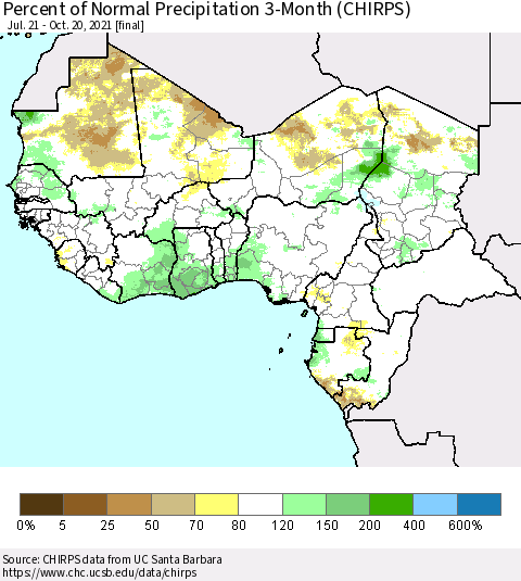 Western Africa Percent of Normal Precipitation 3-Month (CHIRPS) Thematic Map For 7/21/2021 - 10/20/2021