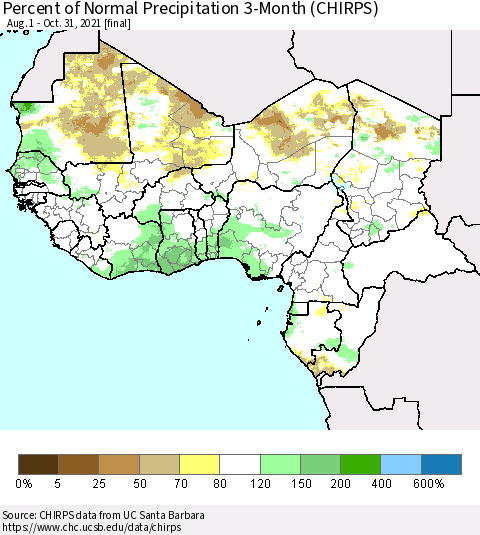 Western Africa Percent of Normal Precipitation 3-Month (CHIRPS) Thematic Map For 8/1/2021 - 10/31/2021
