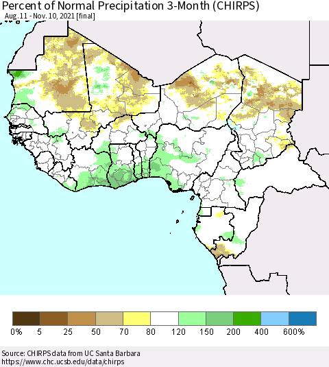 Western Africa Percent of Normal Precipitation 3-Month (CHIRPS) Thematic Map For 8/11/2021 - 11/10/2021
