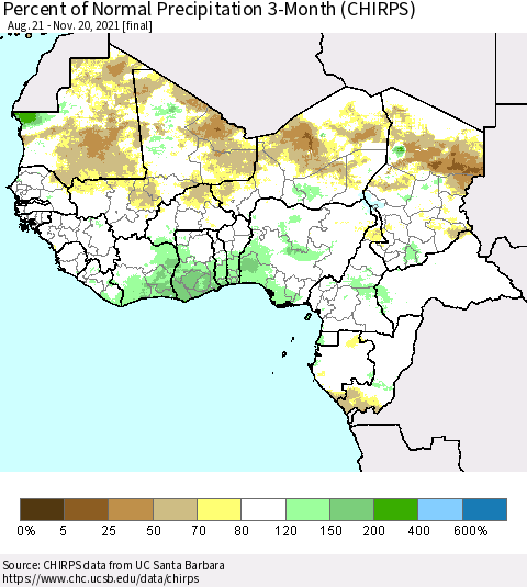 Western Africa Percent of Normal Precipitation 3-Month (CHIRPS) Thematic Map For 8/21/2021 - 11/20/2021