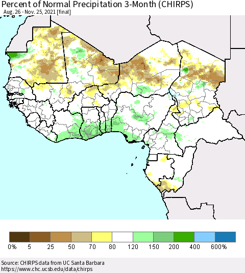 Western Africa Percent of Normal Precipitation 3-Month (CHIRPS) Thematic Map For 8/26/2021 - 11/25/2021