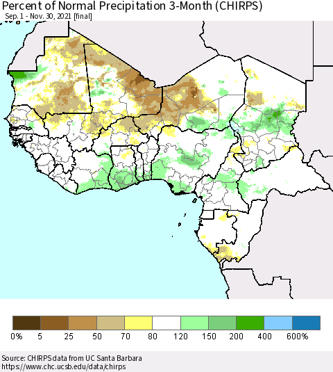 Western Africa Percent of Normal Precipitation 3-Month (CHIRPS) Thematic Map For 9/1/2021 - 11/30/2021