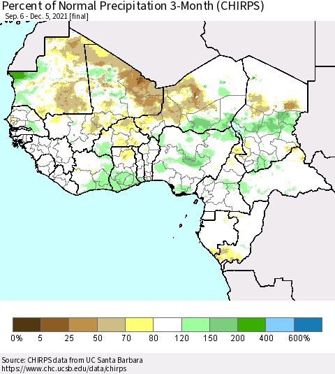 Western Africa Percent of Normal Precipitation 3-Month (CHIRPS) Thematic Map For 9/6/2021 - 12/5/2021