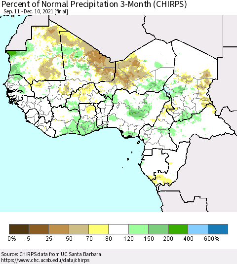 Western Africa Percent of Normal Precipitation 3-Month (CHIRPS) Thematic Map For 9/11/2021 - 12/10/2021